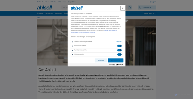 Security scan screenshot of https://www.ahlsell.se/om-ahlsell/?utm_campaign=Veckans+V%c3%a4rsting++v43+-+Reflexsele&utm_medium=Ahlsell+Erbjudande&utm_source=BizWizard