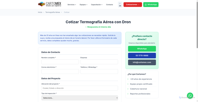 Security scan screenshot of https://cartomex.pages.dev/cotizar-servicio-termografia-aerea.html