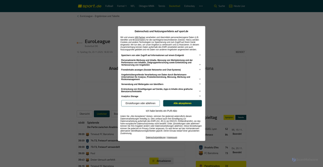 Security scan screenshot of https://www.sport.de/basketball/euroleague-basketball/ma11492999/anadolu-efes_fc-barcelona/liveticker/