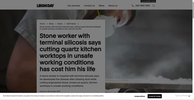 Security scan screenshot of https://www.leighday.co.uk/news/news/2024-news/stone-worker-with-terminal-silicosis-says-cutting-quartz-kitchen-worktops-in-unsafe-working-conditions-has-cost-him-his-life/