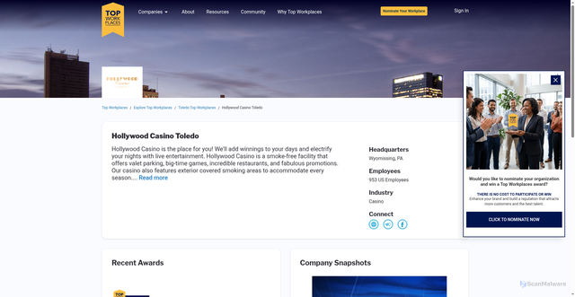Security scan screenshot of https://topworkplaces.com/company/hollywood-casino-toledo/toledo/