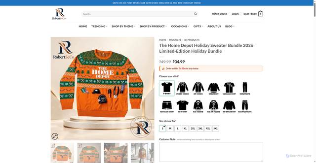 Security scan screenshot of https://robertseco.com/product/the-home-depot-holiday-sweater-bundle-2026-limited-edition-holiday-bundle/