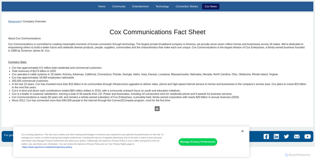 Security scan screenshot of https://newsroom.cox.com/company-overview