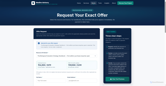 Security scan screenshot of https://meddevadvisory-site.pages.dev/purchase-resource.html?resource=biological-evaluation-strategy-handbook&source=books-hub