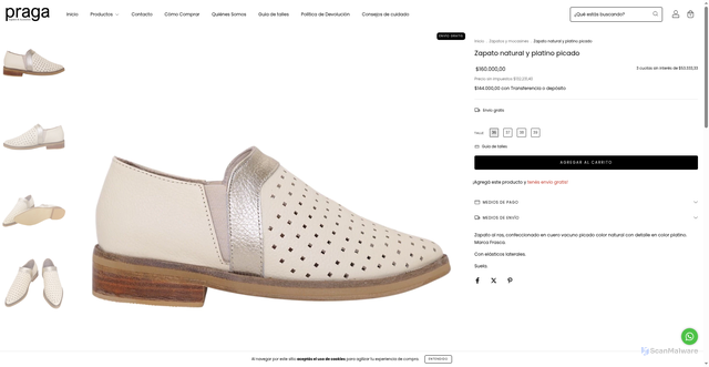 Security scan screenshot of https://zapateriapraga.com/productos/zapato-natural-y-platino-picado/