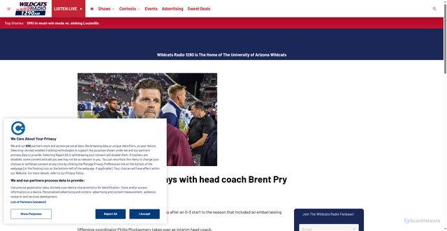 Security scan screenshot of https://www.wildcatsradio1290.com/2025/09/14/virginia-tech-parts-ways-with-head-coach-brent-pry/