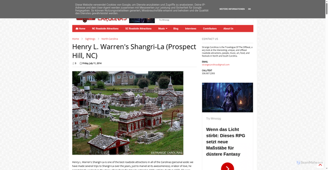 Security scan screenshot of https://www.strangecarolinas.com/2014/07/henry-l-warrens-shangri-la-prospect.html