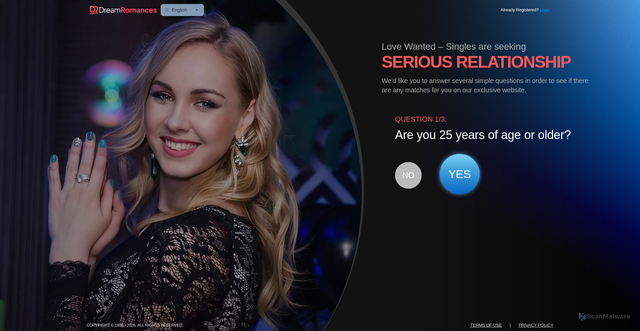 Security scan screenshot of https://www.dreamromances.com/mrqa/register03.php?aid=2908&oid=CP287341&qpid_offer_id=DRS_802315TUMAK&qpid_subid=xferryx1503&source_tag=ENG2