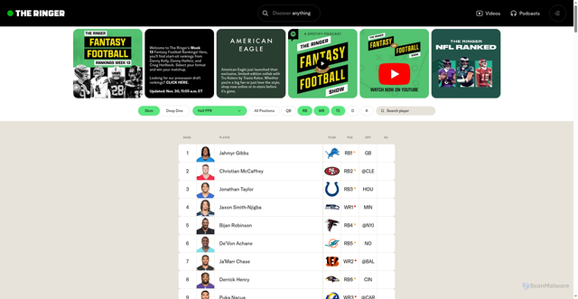 Security scan screenshot of https://theringer.com/fantasy-football/2025