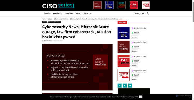 Security scan screenshot of https://cisoseries.com/cybersecurity-news-microsoft-azure-outage-law-firm-cyberattack-russian-hacktivists-pwned/