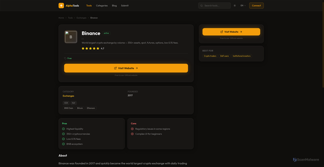 Security scan screenshot of https://alphatools-web.pages.dev/tool/binance