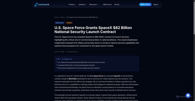 Security scan screenshot of https://samsearch.co/government-contracting-news/us-space-force-grants-spacex-82-billion-national-security-launch-contract-123710