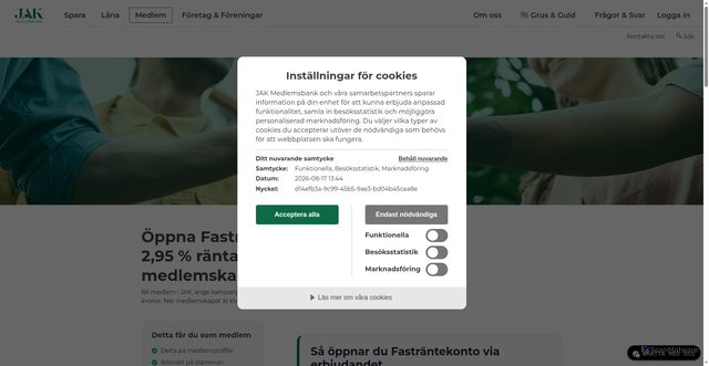 Security scan screenshot of https://www.jak.se/medlem/membership-pages/bli-medlem-kampanj/?affiliate=elskling&apcid=006a416d281554303c986b0b&utm_campaign=fastrantesparkonto_medlemskap_2026&utm_content=elskling_early_4&utm_medium=affiliate&utm_source=elskling