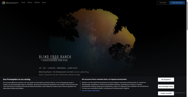 Security scan screenshot of https://www.discoveryplus.com/at/de/shows/blind-frog-ranch-die-schatzsucher-von-utah/s5/ede60b7d-ac87-4560-b0c5-cc7184f6816d