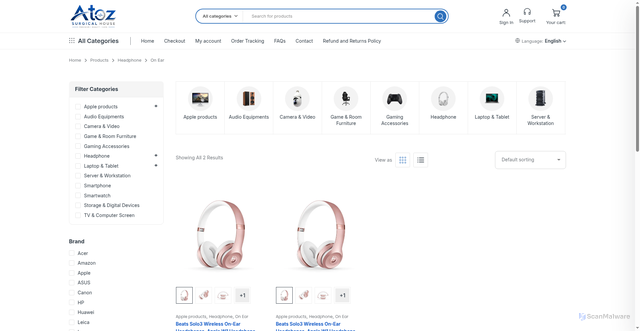 Security scan screenshot of https://atozsurgcialhouse.store/product-category/headphone/on-ear/
