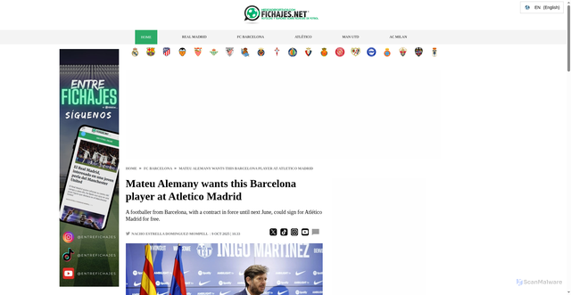 Security scan screenshot of https://www.fichajes.net/en/news/mateu-alemany-wants-this-barcelona-player-at-atletico-madrid-20251009.html