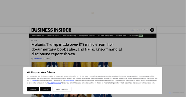 Security scan screenshot of https://www.insider.com/melania-trump-documentary-book-nfts-earnings-2026-7
