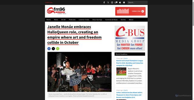 Security scan screenshot of https://qfm96.com/news/030030-janelle-monae-embraces-halloqueen-role-creating-an-empire-where-art-and-freedom-collide-in-october/