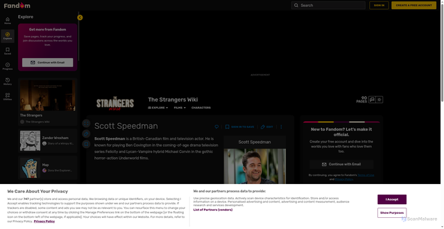 Security scan screenshot of https://thestrangers-wiki.fandom.com/wiki/Scott_Speedman