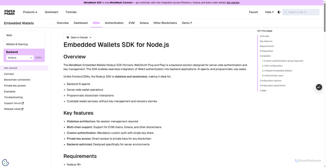 Security scan screenshot of https://metamask-docs-p13jojaa8-consensys-ddffed67.vercel.app/embedded-wallets/sdk/node