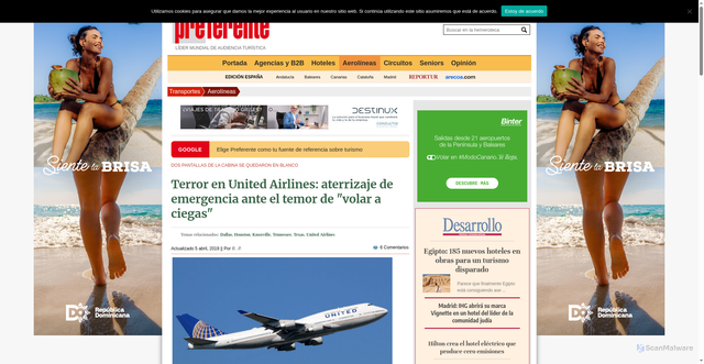 Security scan screenshot of https://www.preferente.com/noticias-de-transportes/noticias-de-aerolineas/terror-en-united-airlines-aterrizaje-de-emergencia-ante-el-temor-de-volar-a-ciegas-287156.html