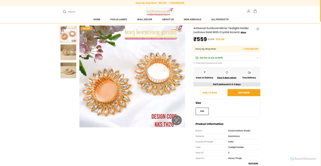 Security scan screenshot of https://kunjkreationsstudio.com/Artisanal-Sunburst-Mirror-Tealight-Holder-Lustrous-Gold-With-Crystal-Accents/catalogue/gYiAnede/nTmPCmQT
