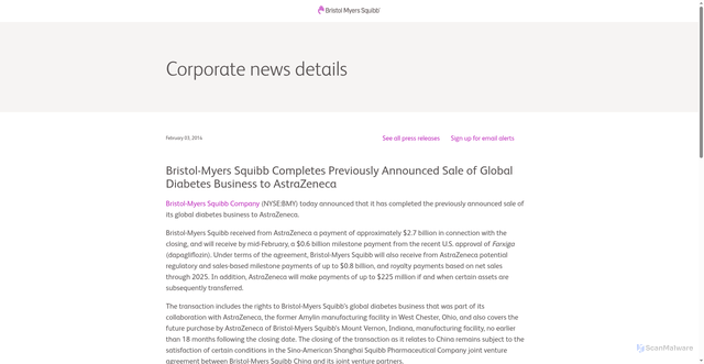 Security scan screenshot of https://news.bms.com/news/details/2014/Bristol-Myers-Squibb-Completes-Previously-Announced-Sale-of-Global-Diabetes-Business-to-AstraZeneca/default.aspx