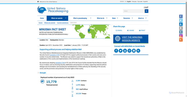 Security scan screenshot of https://peacekeeping.un.org/en/mission/minusma