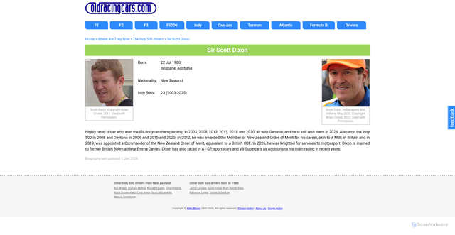 Security scan screenshot of https://www.oldracingcars.com/driver/Scott_Dixon