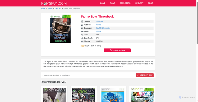 Security scan screenshot of https://romsfun.com/roms/xbox-360/tecmo-bowl-throwback-2.html