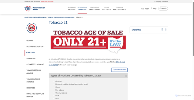 Security scan screenshot of https://odh.ohio.gov/know-our-programs/tobacco-use-prevention-and-cessation/tobacco-21