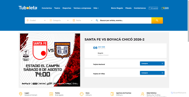 Security scan screenshot of https://www.tuboleta.com/es/eventos/santa-fe-vs-boyaca-chico-2026-2