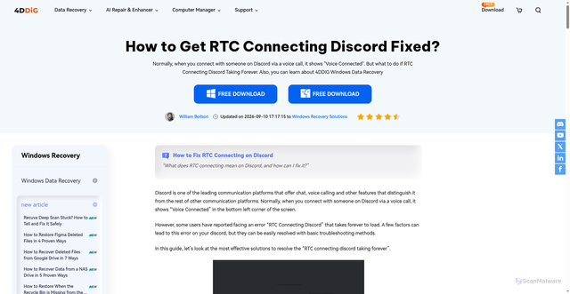 Security scan screenshot of https://4ddig.tenorshare.com/windows-recovery-solutions/rtc-connecting-discord-taking-forever.html