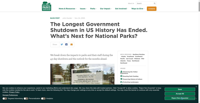 Security scan screenshot of https://www.npca.org/articles/11212-the-longest-government-shutdown-in-us-history-has-ended-what-s-next-for