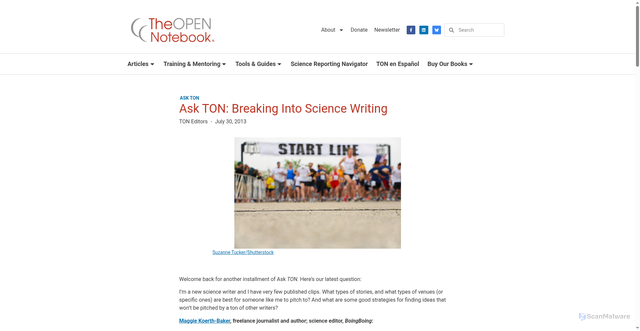 Security scan screenshot of https://www.theopennotebook.com/2013/07/30/ask-ton-breakinginto-science-writing/