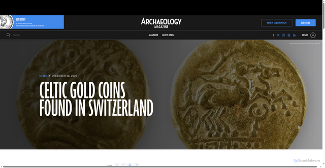 Security scan screenshot of https://archaeology.org/news/2025/12/26/celtic-gold-coins-found-in-switzerland/