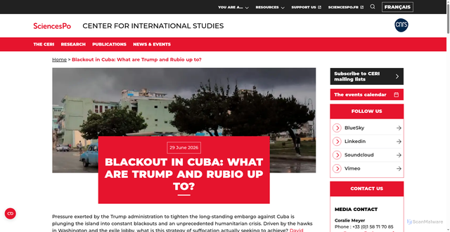Security scan screenshot of https://www.sciencespo.fr/ceri/en/news/blackout-in-cuba-what-are-trump-and-rubio-up-to/