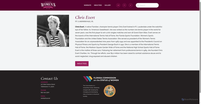 Security scan screenshot of https://flwomenshalloffame.org/bio/chris-evert/