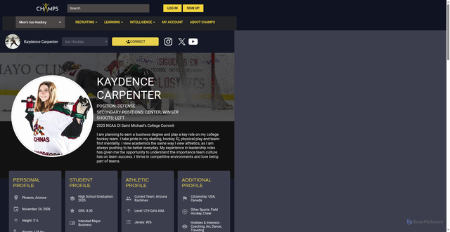 Security scan screenshot of https://profile.champs.app/h/kaydence-carpenter