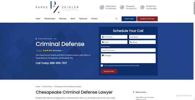 Security scan screenshot of https://www.pzlaw.com/chesapeake/criminal-defense-lawyer/