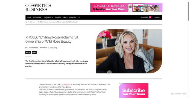 Security scan screenshot of https://cosmeticsbusiness.com/whitney-rose-reclaims-full-ownership-wild-rose-beauty