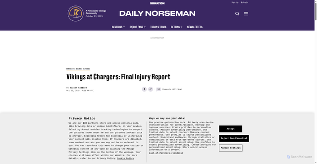Security scan screenshot of https://www.dailynorseman.com/minnesota-vikings-injuries/92073/vikings-at-chargers-final-injury-report