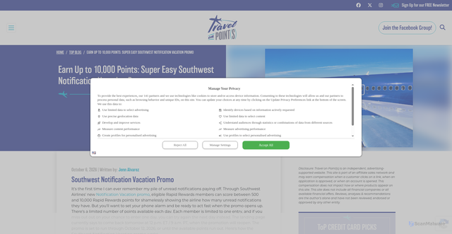 Security scan screenshot of https://travel-on-points.com/southwest-notification-vacation-promo/