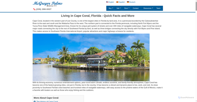 Security scan screenshot of https://realty.mcgregorpalms.com/en/living-cape-coral-florida-quick-facts-and-more