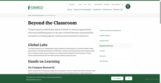 Security scan screenshot of https://ww1.oswego.edu/physics/beyond-classroom