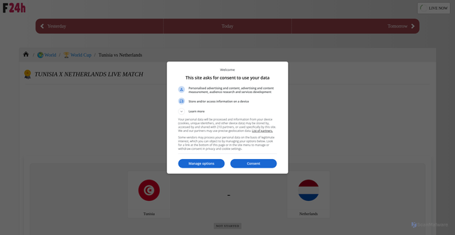 Security scan screenshot of https://www.football24hours.com/world/world-cup/25-06-2026-tunisia-vs-netherlands.html