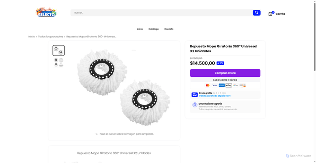 Security scan screenshot of https://tiendaselecto.store/products/repuesto-mopa-giratoria-360-universal-x2-unidades