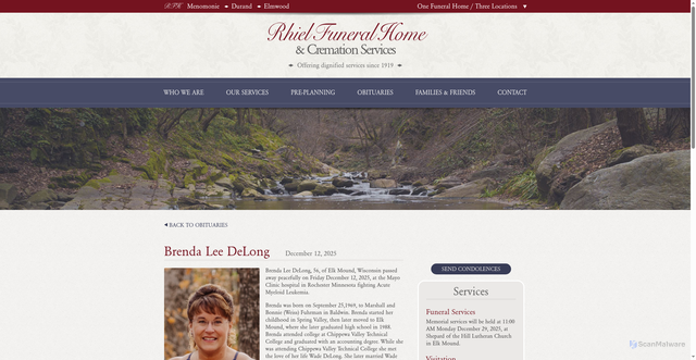 Security scan screenshot of https://www.rhielfuneralhome.com/obituaries/2402/DeLong-Brenda-Lee
