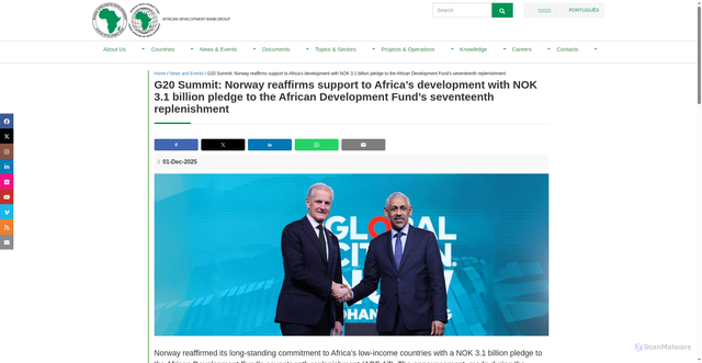 Security scan screenshot of https://www.afdb.org/en/news-and-events/press-releases/g20-summit-norway-reaffirms-support-africas-development-nok-31-billion-pledge-african-development-funds-seventeenth-replenishment-89192
