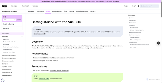 Security scan screenshot of https://metamask-docs-git-dependabot-npmandya-95394d-consensys-ddffed67.vercel.app/embedded-wallets/sdk/vue